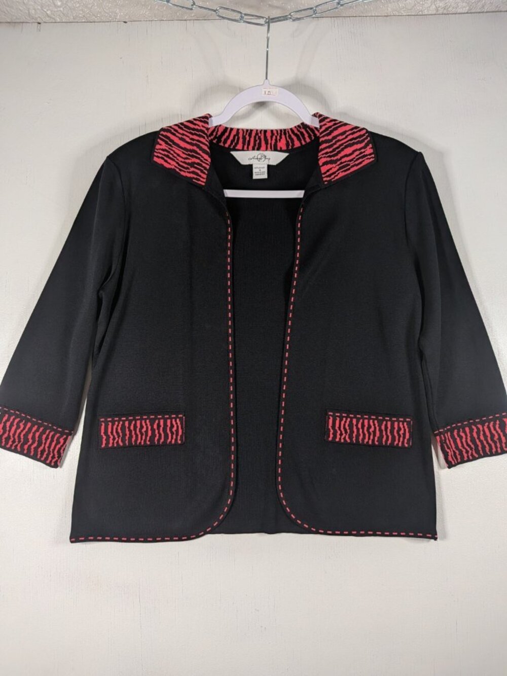 Ming Wang Womens S Black Red Knit Open Front Jacket Cardigan Blazer